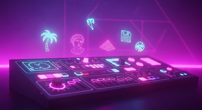 Futuristic neon control panel with holographic icons in a retro vaporwave style