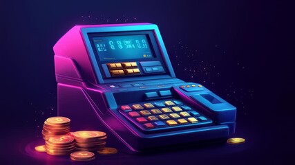 Retro Futuristic Cash Register Animation with Glowing Neon Lights and Gold Coins - Powered by Adobe