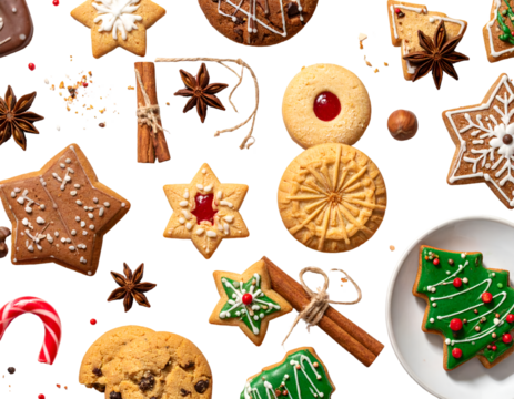 Christmas baking background with an assortment of cookies and sweet treats isolated on transparent png