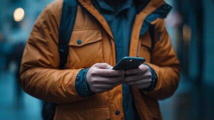 Urban connectivity man uses his smartphone in a bustling city with vibrant lights and a modern - Powered by Adobe
