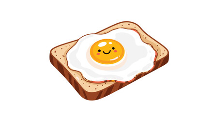 A charming cartoon illustration of a smiling fried egg perfectly placed on a slice of toasted bread, depicting a happy breakfast meal.