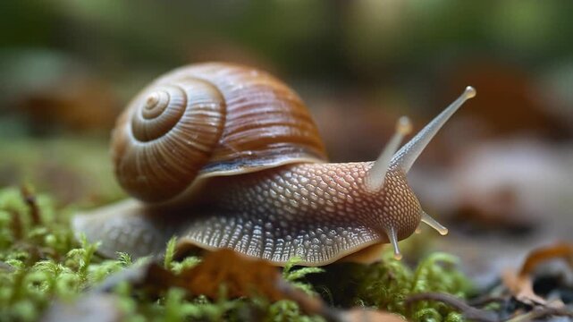 Detailed macro photograph of a common garden snail with a brown spiral shell moving slowly across the green mossy forest floor