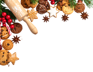 Christmas baking corner border with assorted cookies and sweet treats. Overhead view isolated on transparent png