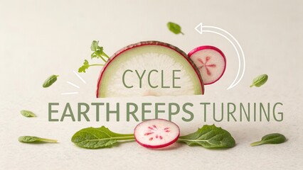 Fresh Radish and Spinach Highlighting the Cycle of Nature and Growth with Text Elements on a Neutral Background