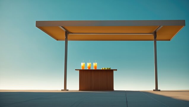 A minimalist outdoor beverage stand with various colorful drinks under a large canopy against a clear blue sky