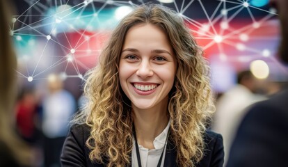 Obraz premium A smiling woman appears with digital links around her, representing human connection and social networking. The scene blends personal warmth with technology.
