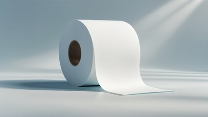 Roll of plain white paper towel on a light blue background with soft lighting highlights
