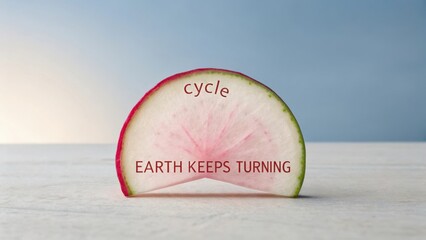 Fresh Radish Slice with Inspirational Message about Life's Cycle and the Continuity of Nature on Minimalist Background