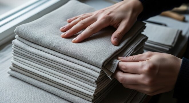 Close-up of hands folding and stacking a pile of gray fabric on a table near a window.