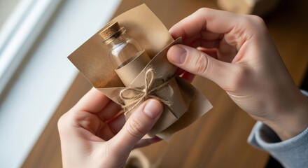 Close-up of hands unwrapping a small gift wrapped in brown paper on a wooden table.