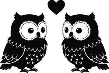 Romantic cartoon owls with heart symbol in black and white vector style, perfect for love, couple, and Valentine themes.