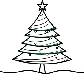 Simple outline drawing of a decorated christmas tree with star and snow