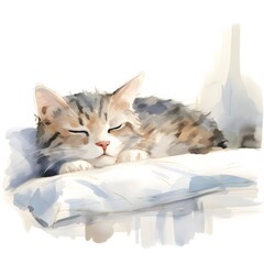 子猫が白い枕で眠る 水彩画風の癒し画像