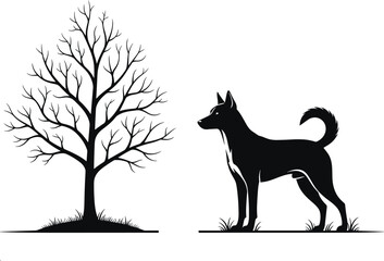 Silhouette of alert dog beside leafless tree on grassy ground in winter season, minimal nature scene in black and white.