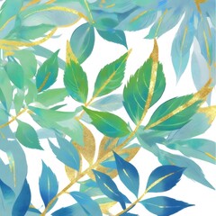 Green Blue Leaf Pattern Gold Accent