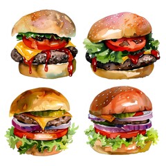 4つの異なるハンバーガーのイラストクローズアップ