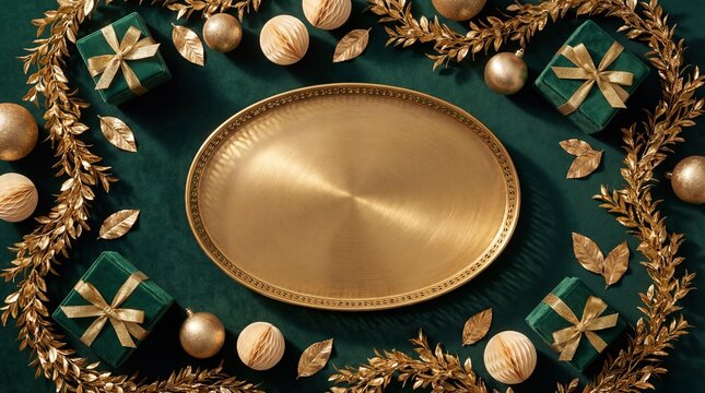 Elegant Festive Composition: Golden Oval Tray, Emerald Green Velvet Gift Boxes, Sparkling Ornaments, and Gold Foliage on Rich Green Background. Ideal Copy Space for Holiday Designs.