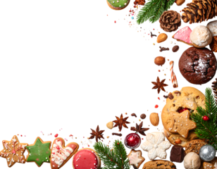 Christmas baking corner border with assorted cookies and sweet treats. Overhead view isolated on transparent png