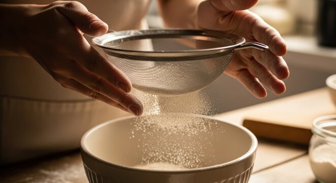 Person sifting flour into a bowl in a kitchen with warm tones.