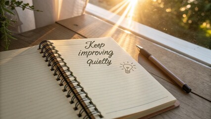 Inspirational notebook with motivational quote about self-improvement and sunlight shining through window in cozy environment