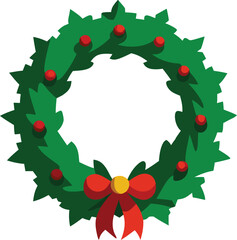 Green christmas wreath with red bow and berries