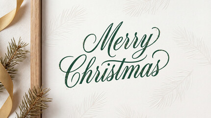 Elegant merry christmas green script text on a textured white background with festive holiday decor