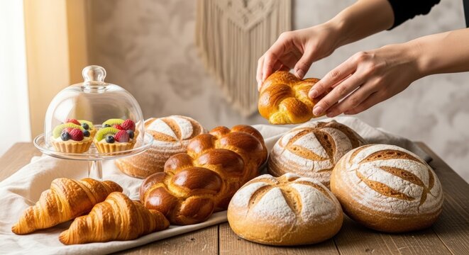 Hands arranging assorted breads and pastries on a wooden table with a glass dome and colorful