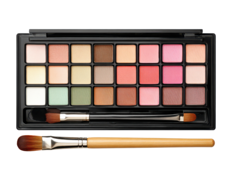 Open Makeup Palette with Multiple Eyeshadow Shades and Two Makeup Brushes eyeshadow palette cosmetics