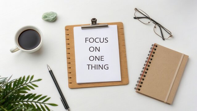 Inspirational Workspace with Note to Focus on One Thing and Coffee, Glasses, Plant, and Notepad on White Desk