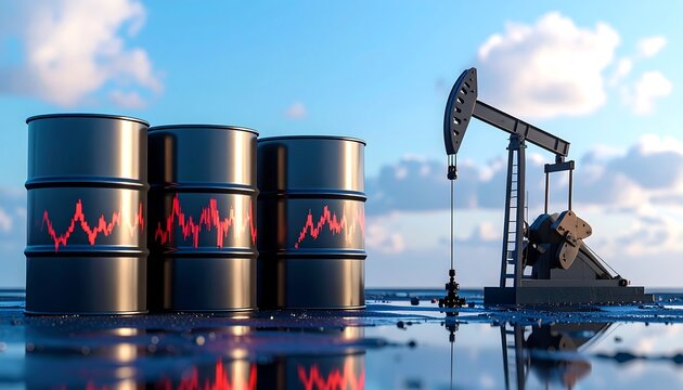 Stacked oil barrels display red graph with a pumpjack in the background