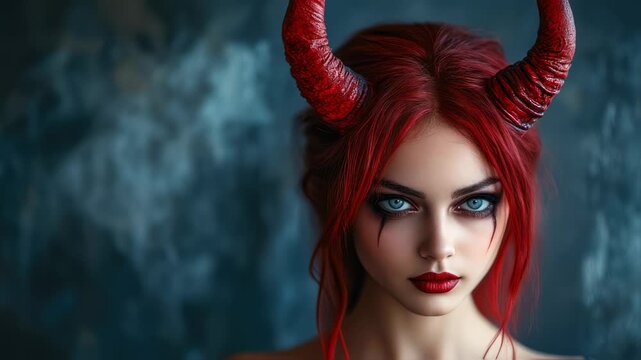 Enchanting Devilish Beauty with Fiery Red Hair and Horns in Moody Portrait Setting