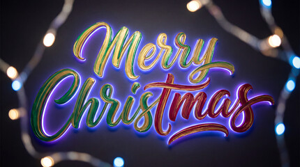 Merry christmas text with colorful glitter and neon glow, surrounded by festive bokeh lights on a dark background
