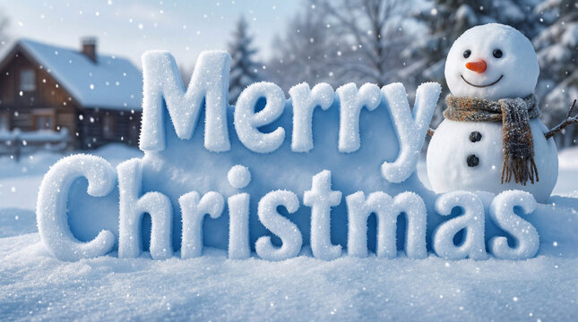 Merry christmas text made of snow with a cheerful snowman in a winter wonderland scene - Powered by Adobe