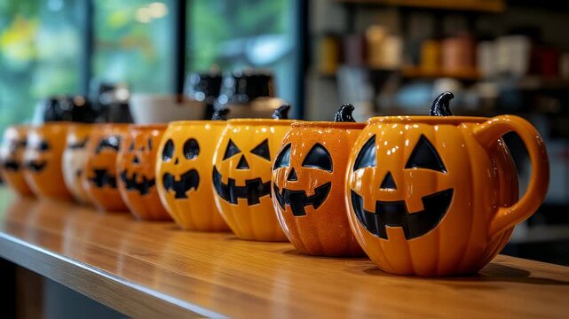 Halloween Pumpkin Mugs in a Row: Festive Seasonal Decor for Autumn Holidays
