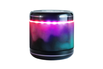 Portable Bluetooth speaker with dynamic LED lighting display on a transparent background
