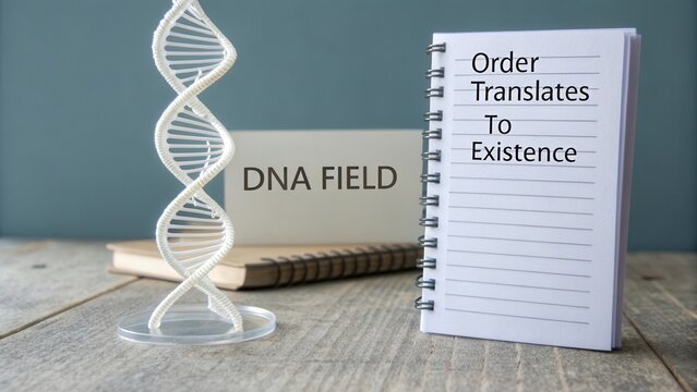DNA model, notebook with text, and discussion about existence in scientific exploration on wooden surface