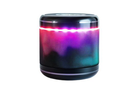 Portable Bluetooth speaker with dynamic LED lighting display on a transparent background