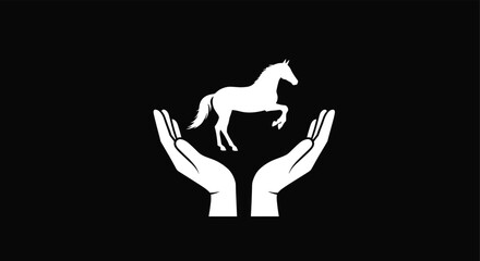 Protective hands holding horse silhouette icon symbolizing animal care, equestrian safety, veterinary compassion, pet rescue, and wildlife protection concept.