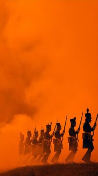 March of History: A silhouette of a regiment of soldiers marching in unison against a backdrop of a fiery, atmospheric orange haze, capturing a sense of determination and historical solemnity.