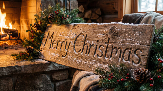 A rustic wooden merry christmas sign covered in snow, placed by a warm fireplace with festive pine decorations - Powered by Adobe
