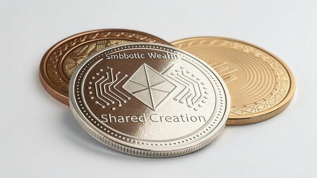 Three unique coins featuring modern design elements representing wealth, creation, technology, and shared values in a minimalistic layout