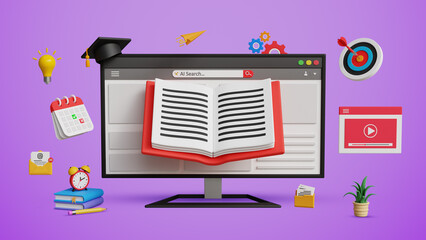Online Learning Platform, Study Online Course, Digital Skill Building, Virtual Courses, New Skill, Enhancing Assessment and Online Class Concept. 3D Computer with Book and Graduation Cap