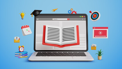 E-Learning or E-Courses Experience, Online Education, Career Growth, Internet Lessons or E-Learn, E-Class, Virtual Teaching and Ease of Knowledge. 3D Laptop with Book and Graduation Cap