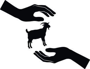 Silhouette of goat between protective hands symbolizing care, animal welfare, donation, support, farm life, responsibility, and ethical treatment