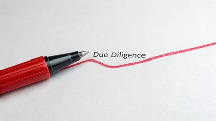 Red Marker Writing Due Diligence on White Background with Focus on Precision and Attention in Business and Finance Tasks