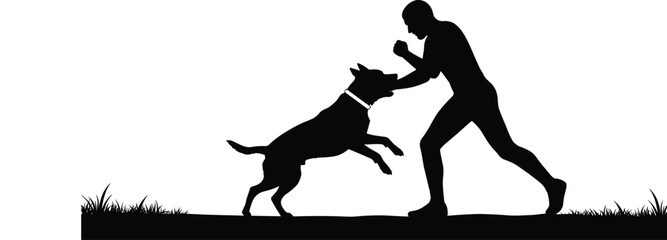 Silhouette of man defending against aggressive dog attack on grass, dramatic moment of confrontation, danger, self-defense, canine behavior illustration