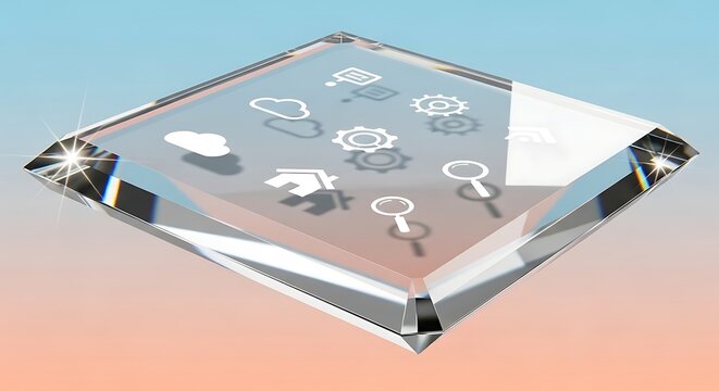 Crystal cube displaying cloud computing and smart home technology icons for modern living