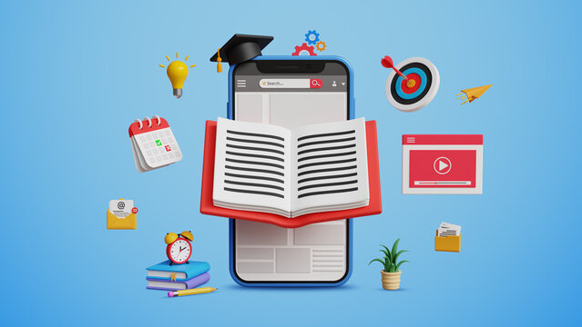 E-Learning or E-Courses Experience, Online Education, Career Growth, Internet Lessons or E-Learn, E-Class, Virtual Teaching and Ease of Knowledge. 3D Smartphone with Book and Graduation Cap