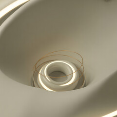 Minimalist AI Core commercial design: Luminous gold/white rings on graphite background with expansive negative space for branding.