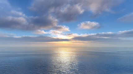 Fototapeta premium Serene Ocean Horizon with Soft Clouds at Dusk, Reflecting Warm Light on Calm Water Surface in Photorealistic Detail